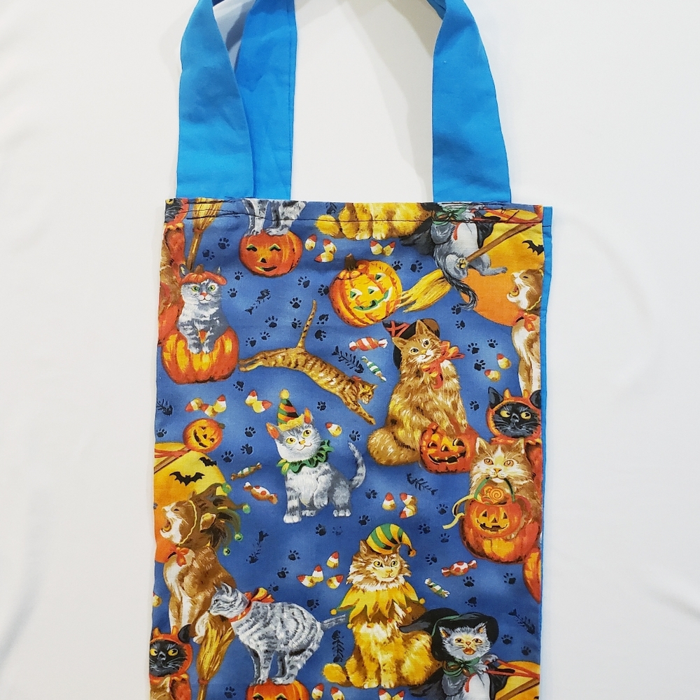 Handmade Halloween Party Trick or Treat Bag Fabric Cats & Pumpkins Unisex Blue.